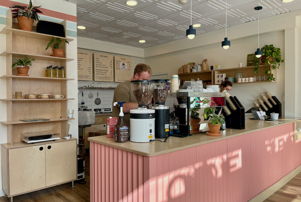 coffee shop with pink decor